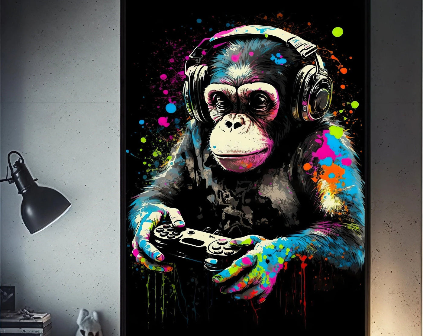 80s Retro Funny Monkey Player Gamepad Picture For Gaming Room