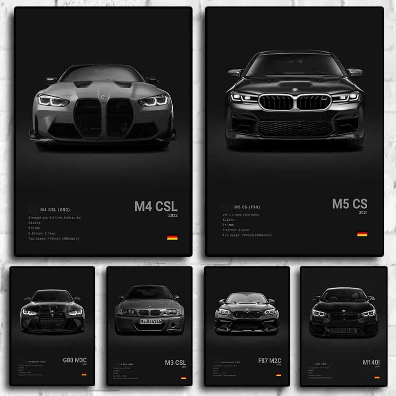 Pop Black And White Poster Wall Art Luxury Supercar F80 M3 M140 GTR HD